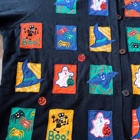 Michael Simon Vtg Halloween Cardigan Sweater 2X Black Ghost Bat Spider Pumpkin - Picture 2 of 13